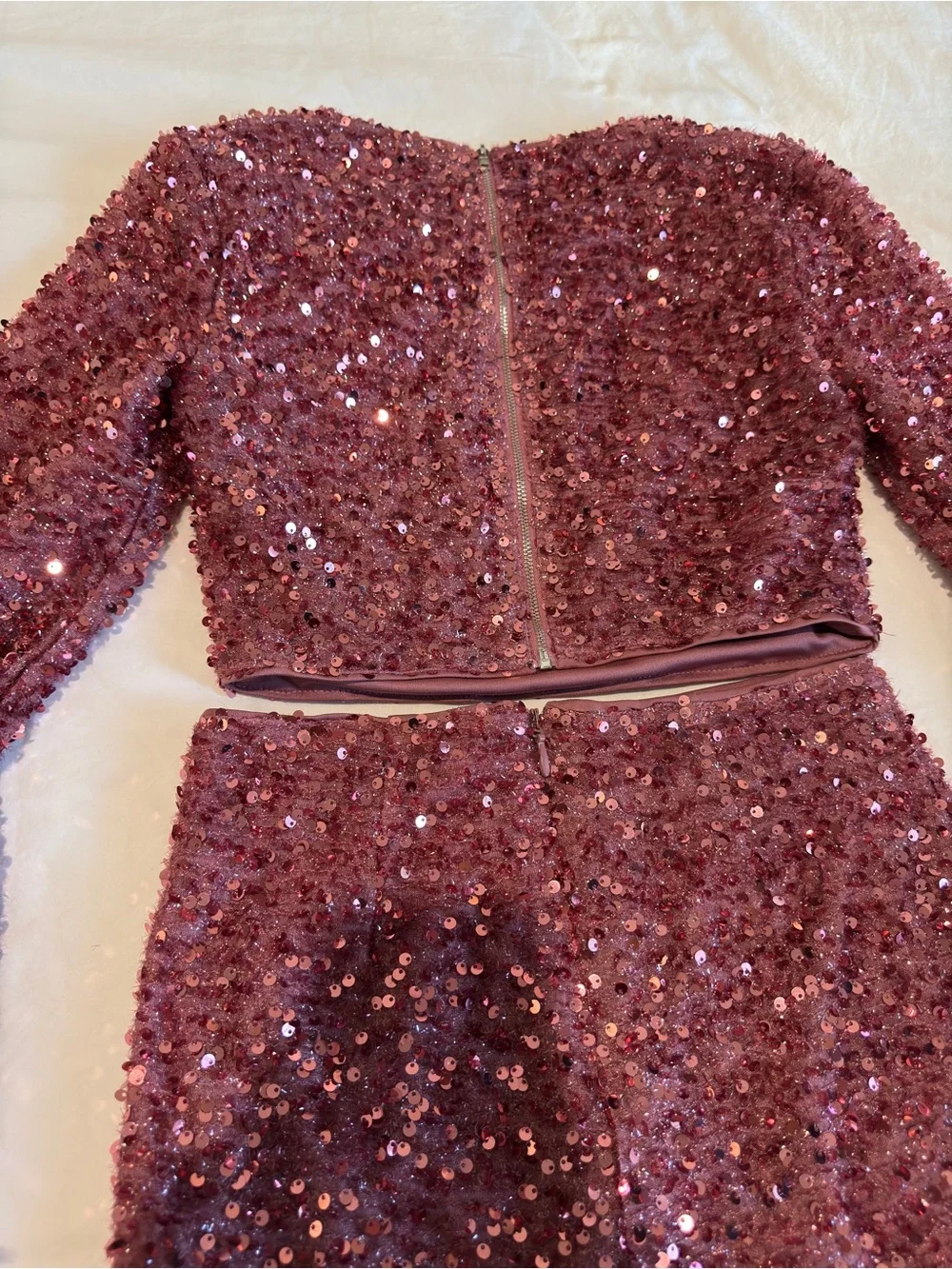 Feather Trim Mauve Sequin Two-Piece Crop Top & Mini Skirt Set